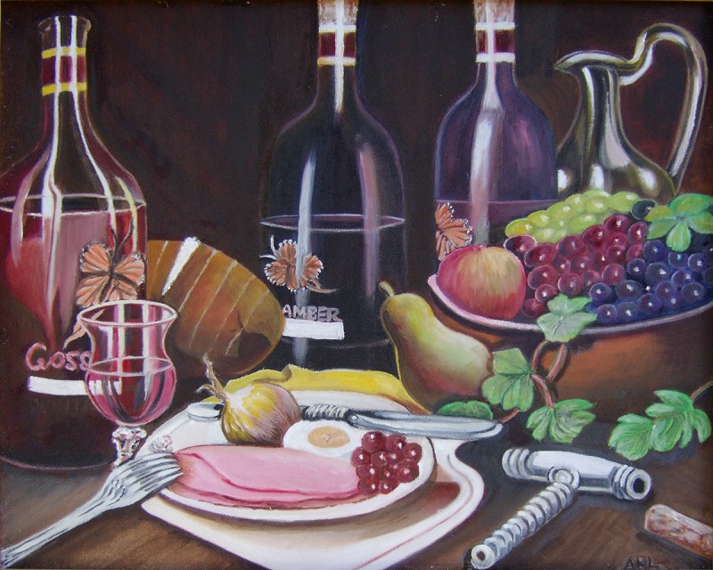 Painting of a meal with fruit and 3 wine bottles in the background