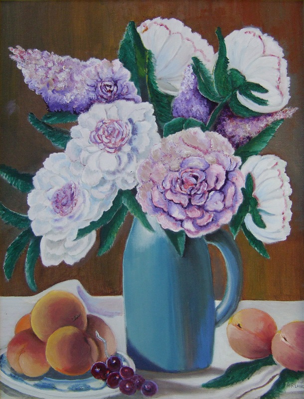 Painting of a blue vase with a bouquet of flowers with peaches on the right and left