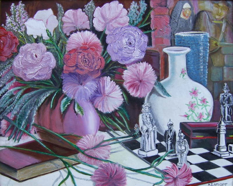 Painting of a bouquet of flowers in a violet vase with a chess set to the left