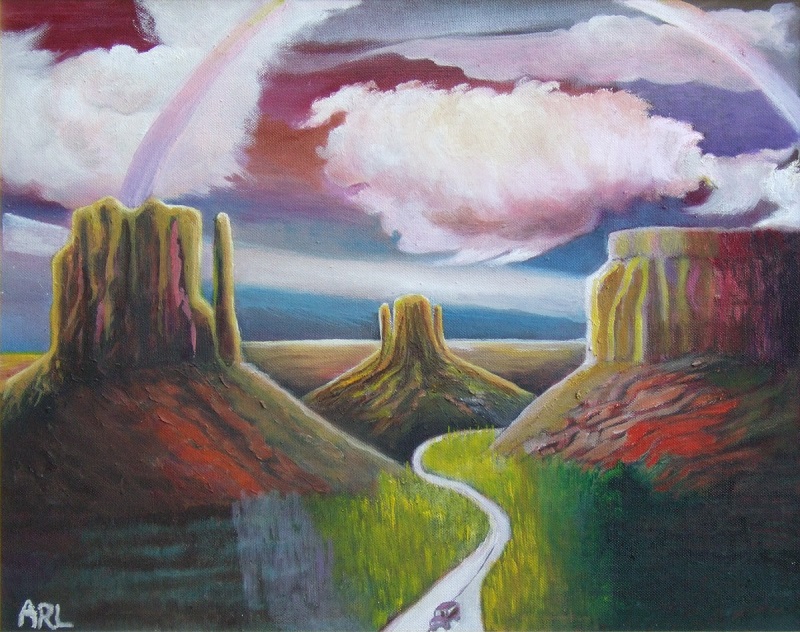 Painting of a rainbow arching over Monument Valley