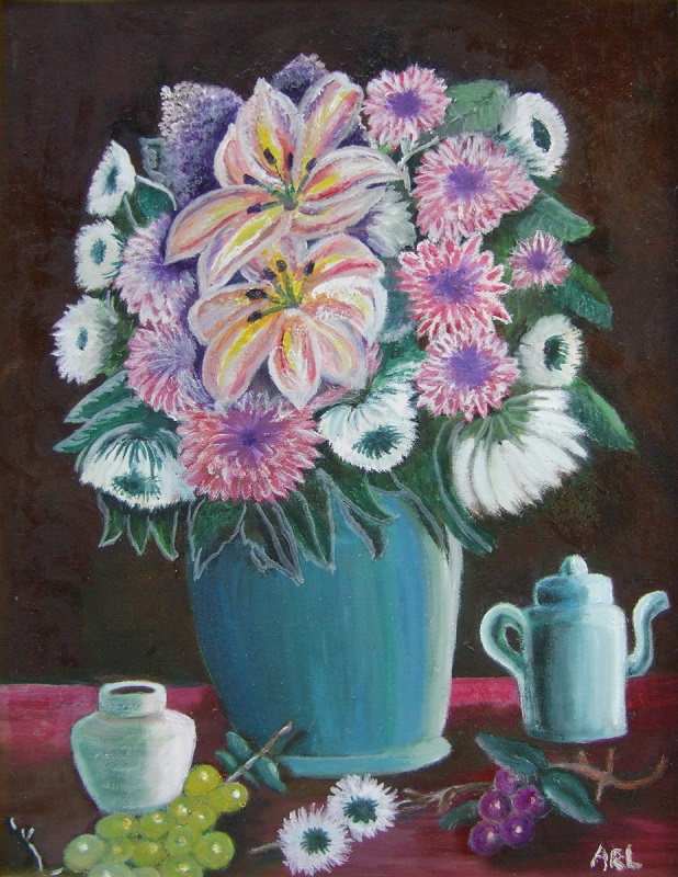Painting of a bouquet of flowers in a teal vase with grapes in the foreground
