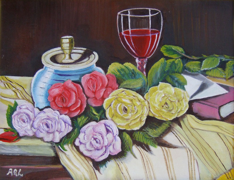 Painting of a wine glass and jar surrounded by red, yellow, and purple roses