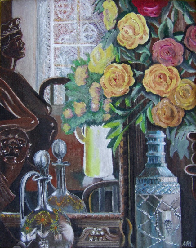 The painting is of a bronze figurine on the left reflected in a bg mirror, crystal bottles center, and a bouquet of roses on the right