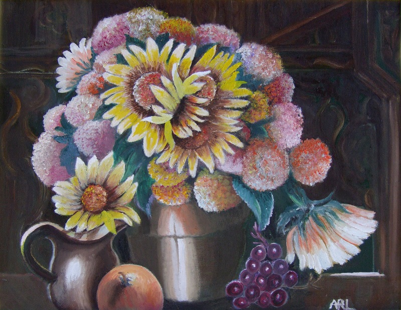 Painting of mums and sunflowers in a tan pot with a carved wood panel behind and fruit in front